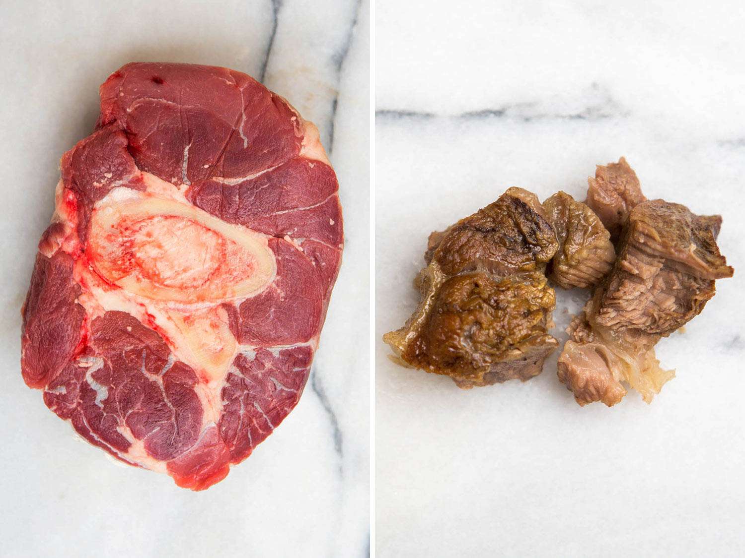 Beef shanks, raw and after stewing