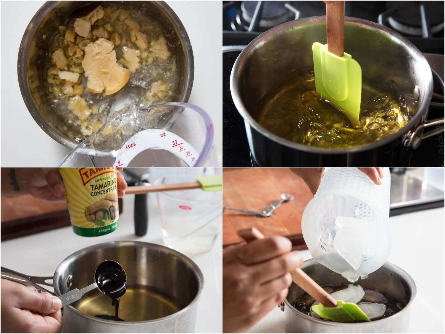 melting palm sugar with water, adding tamarind concentrate
