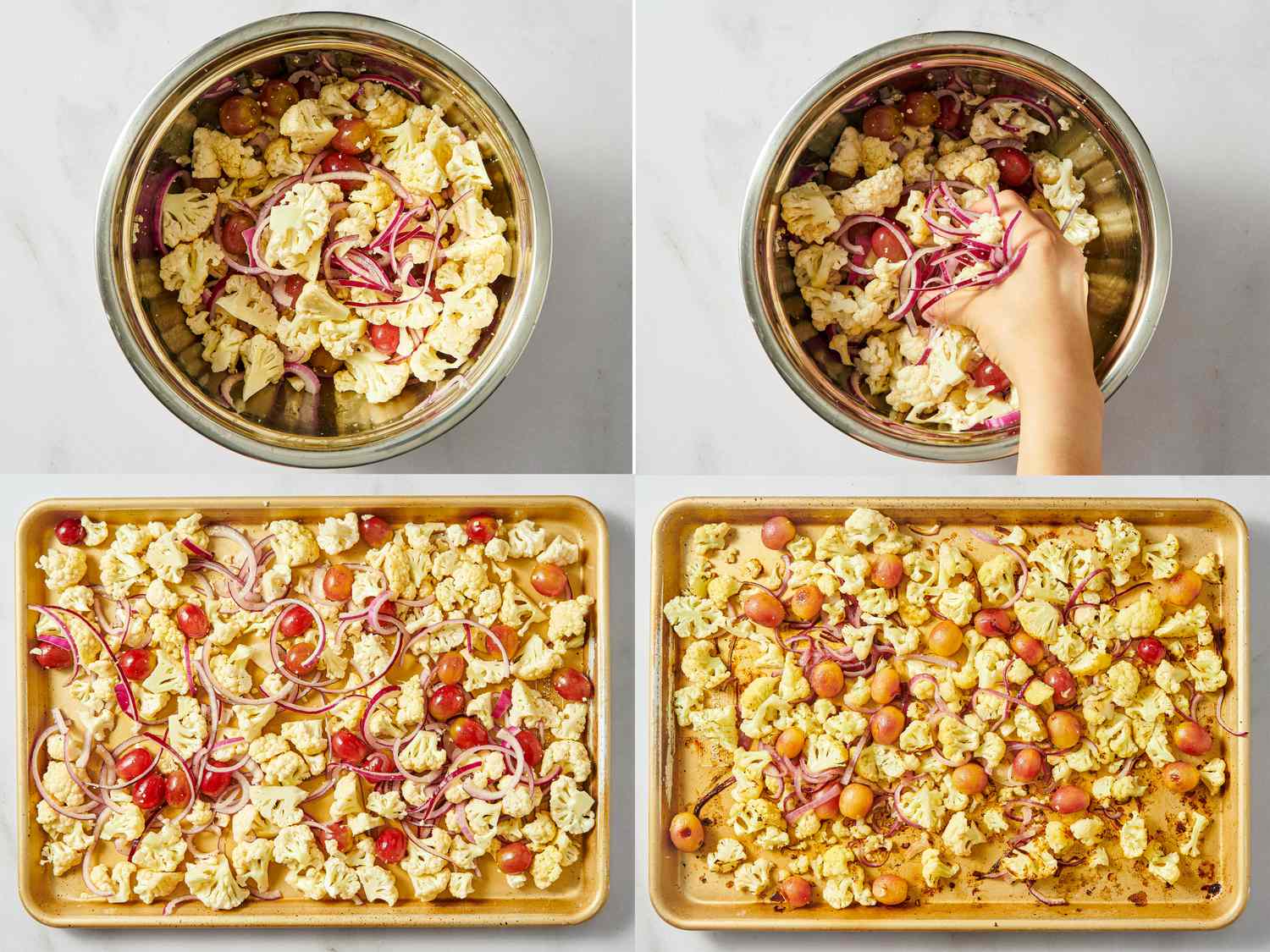 Four steps showing the preparation and baking of a roasted grape and cauliflower dish on a baking tray