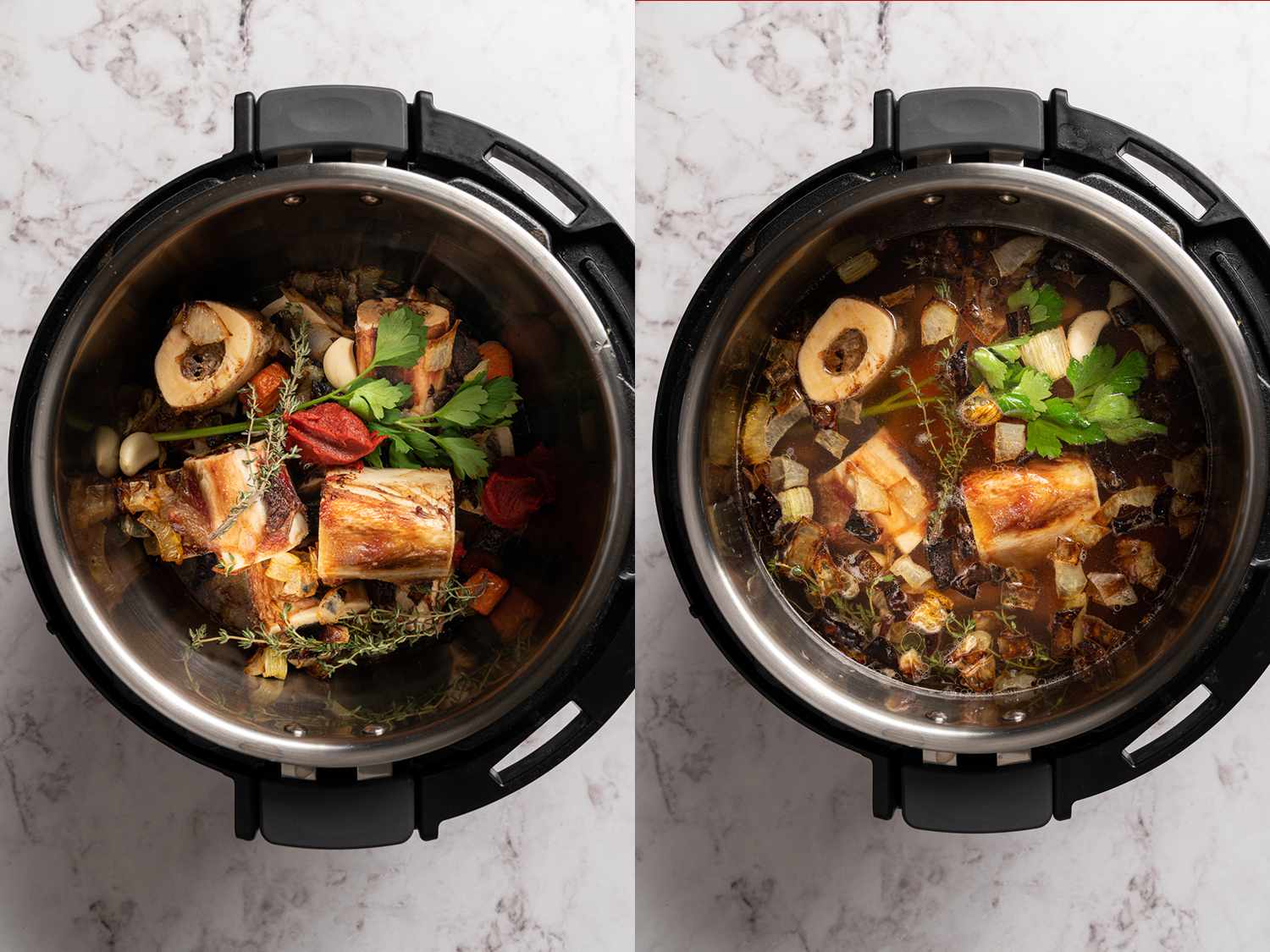 Collage: overhead view of bones, vegetables, and herbs in a pressure cooker. Second image shows the pressure cooker with water added.