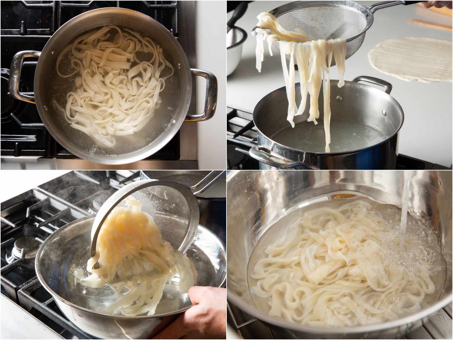 Cooking the noodles in boiling water before transferring them to a bowl of cold water and then rinsing them until water runs clear.