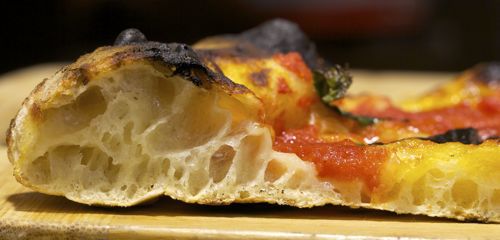 Cross-section of well-fermented pizza crust filled with holes