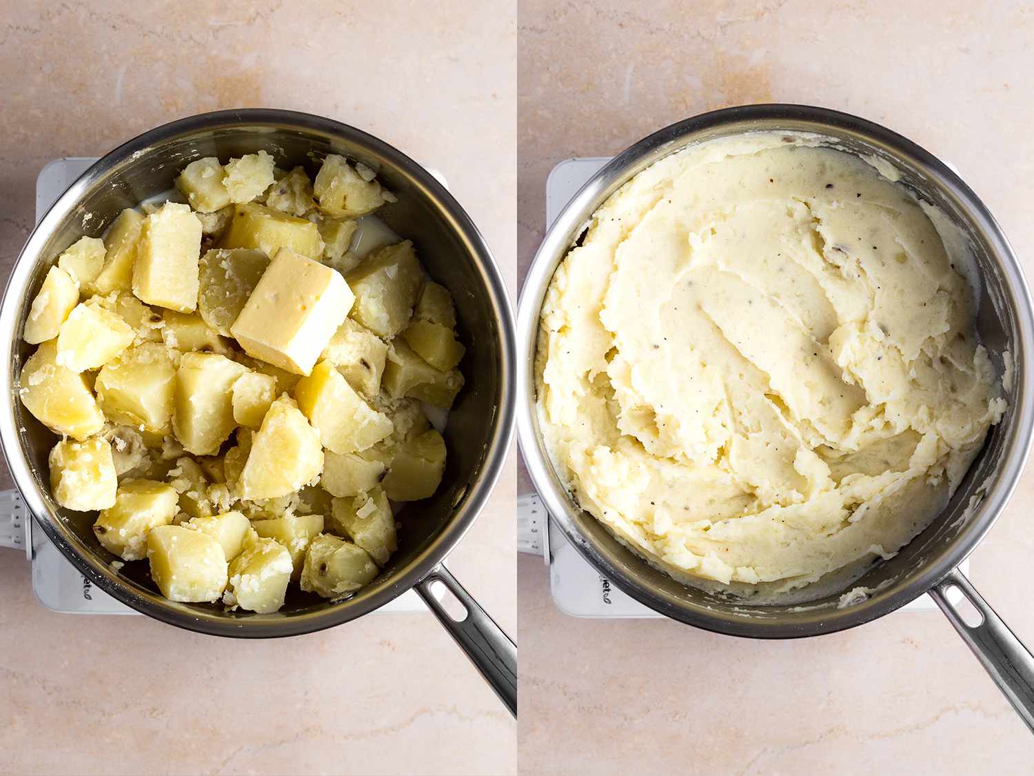 Potatoes in a pot, then mashed