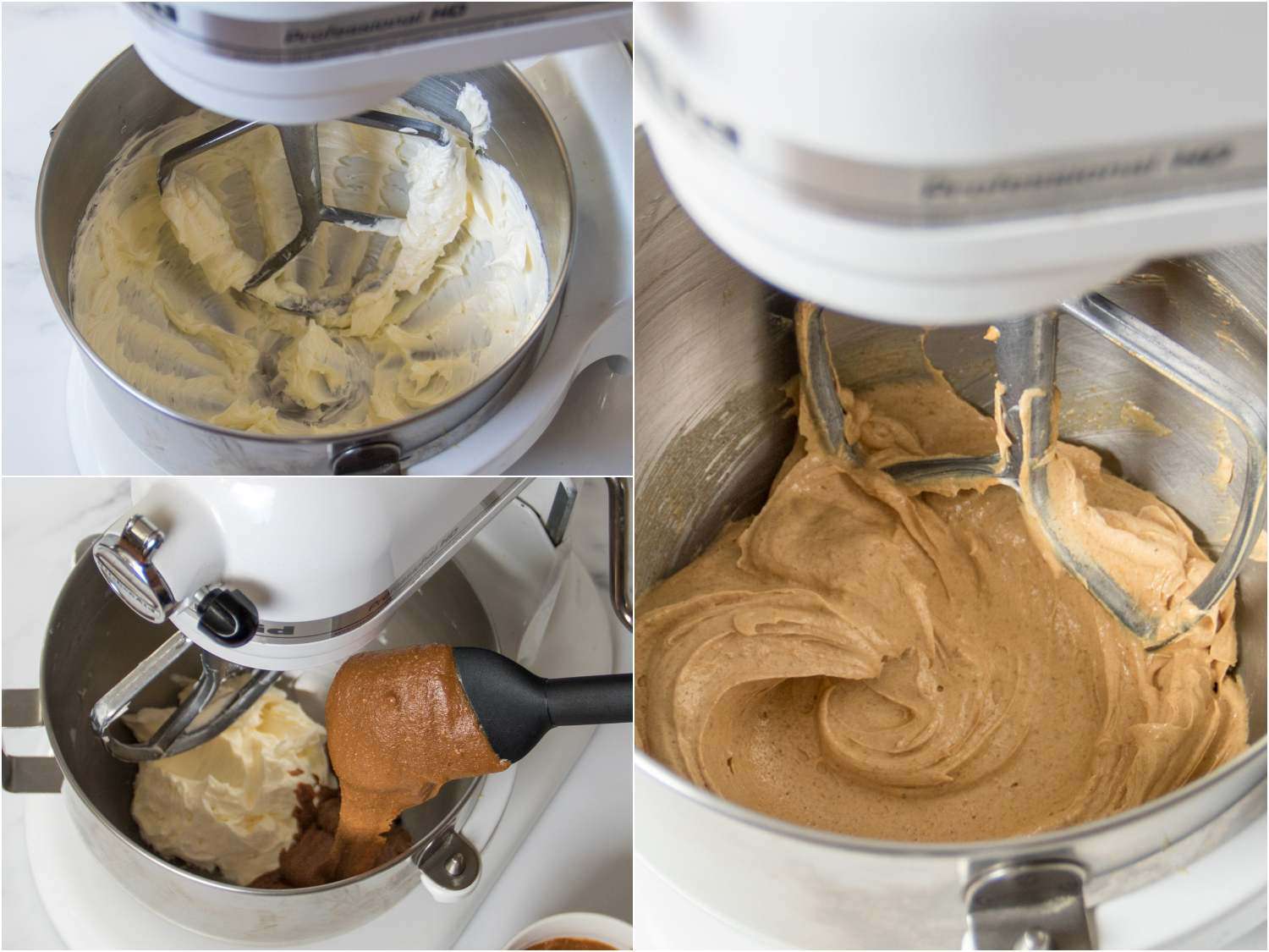 A three-image collage. The top left image shows butter being softened in a stand mixer. The bottom left image shows the prepared praline paste being added to the softened butter in the stand mixer. The right image shows the praline paste and butter mixed together in the mixer.