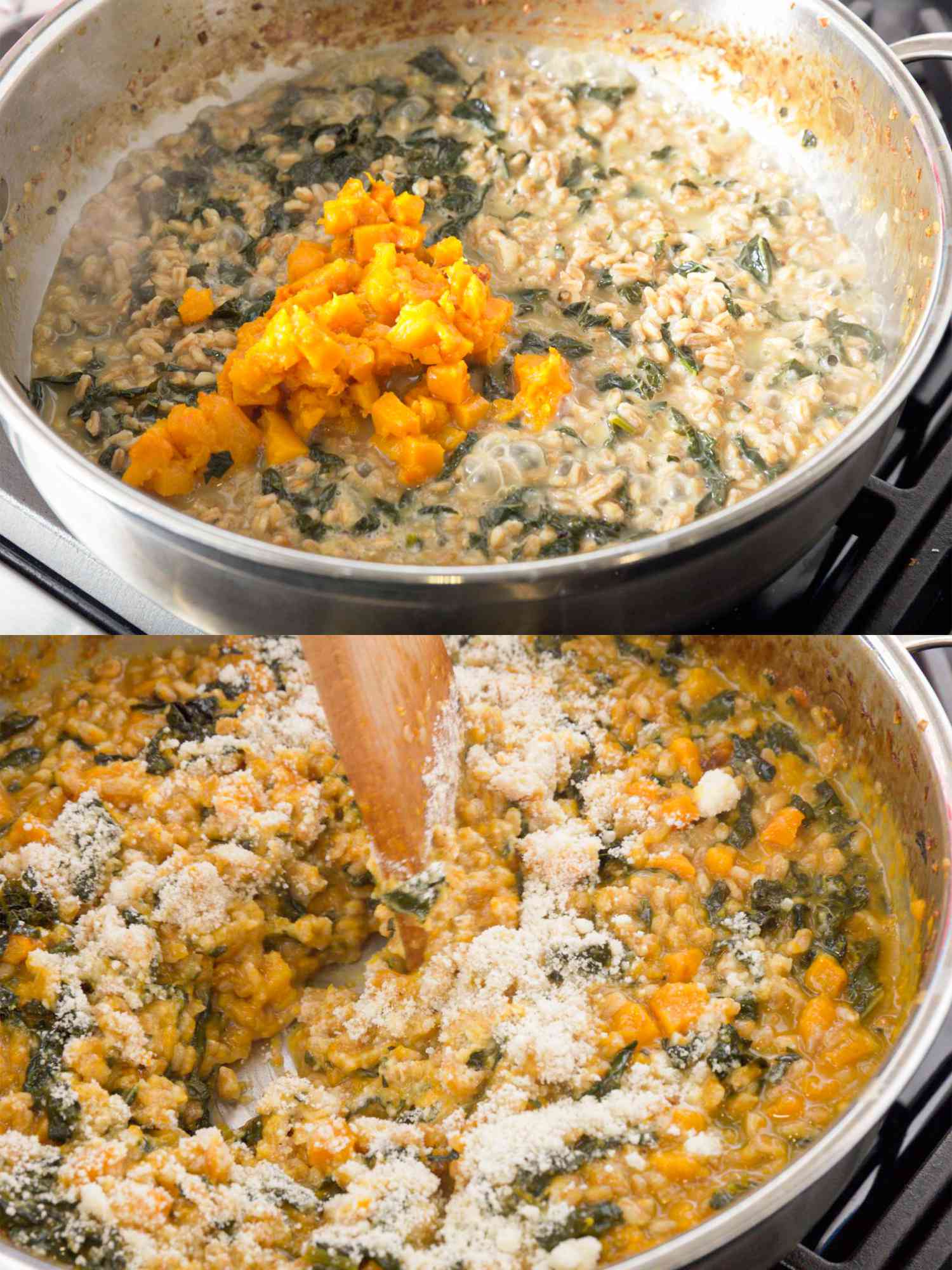 Two image collage of adding butternut squash and cheese