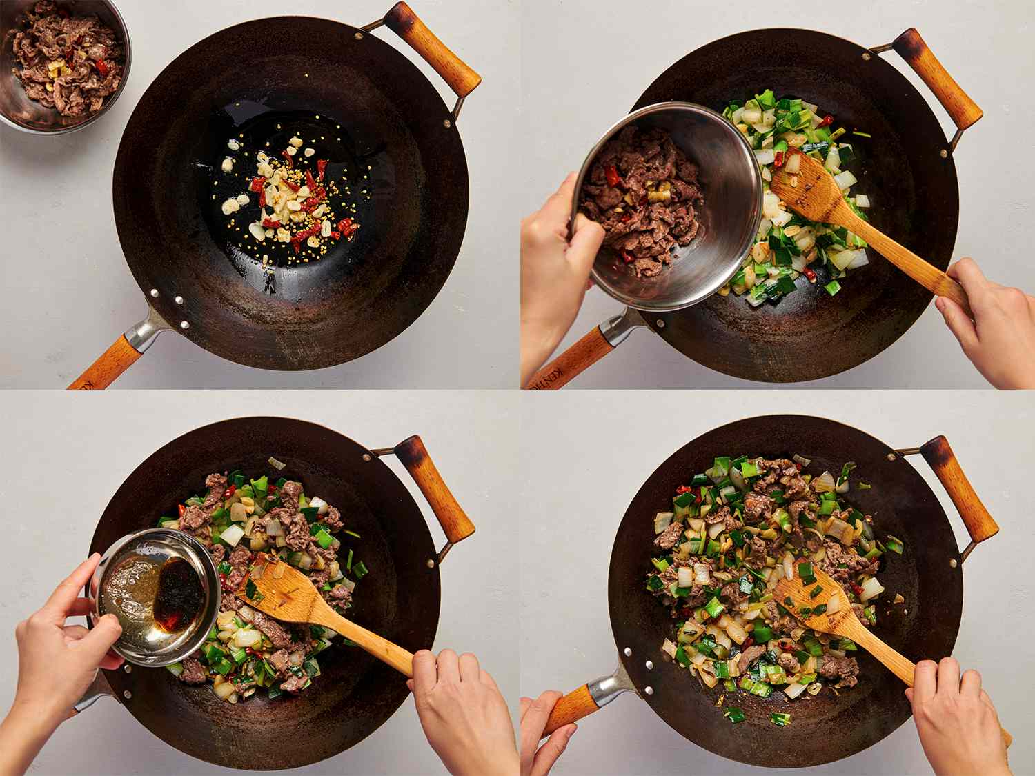 A four-image collage. The top left image shows more garlic and chiles inside of the now-emptied wok. The top right image shows tender-crisp leeks and onions inside of the wok, with one hand holding the bowl of garlic, chiles, and beef, and another holding a wooden spoon stirring the contents of the wok. The bottom left image shows sauce being added to the wok, with the wokâs contents being stirred with the wooden spoon. The bottom right image shows the sauce coating the beef and vegetables in the wok, still being stirred.