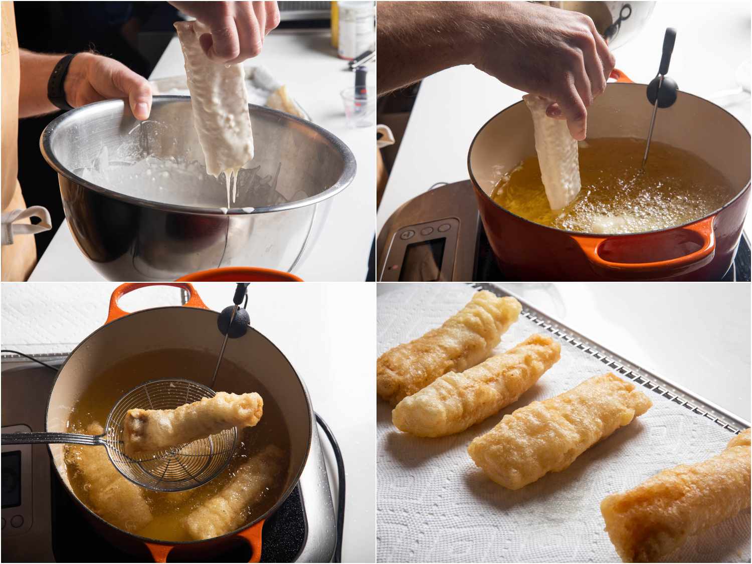 Collage showing battering and frying of salt cod fillets