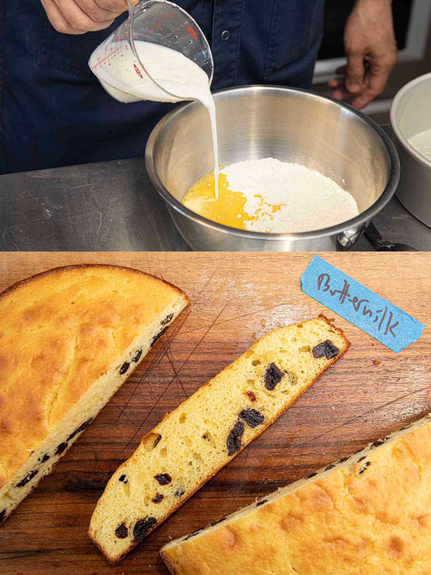 Two image collage of before and after adding buttermilk to cake batter