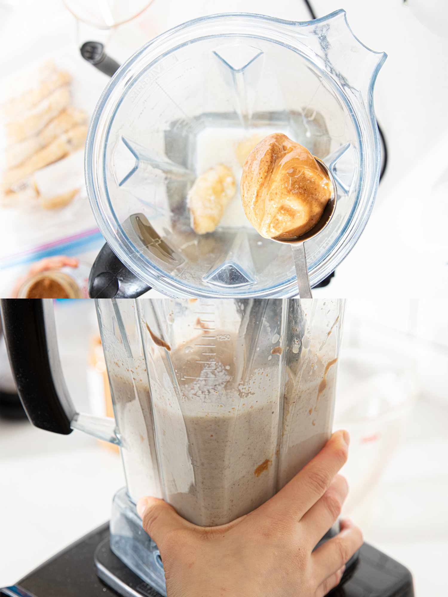 Making banana smoothie in a blender.