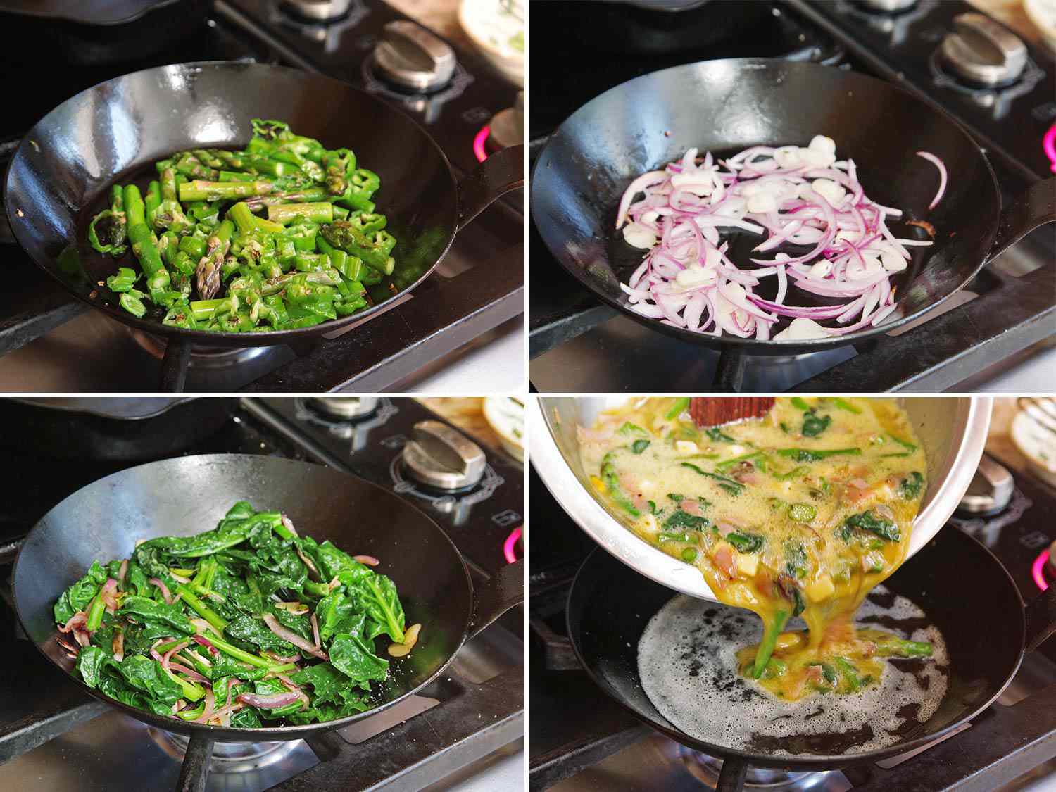 A four-image collage of sautéing vegetables in batches (asparagus, red onions, and spinach) and adding the assembled frittata mixture to a skillet.