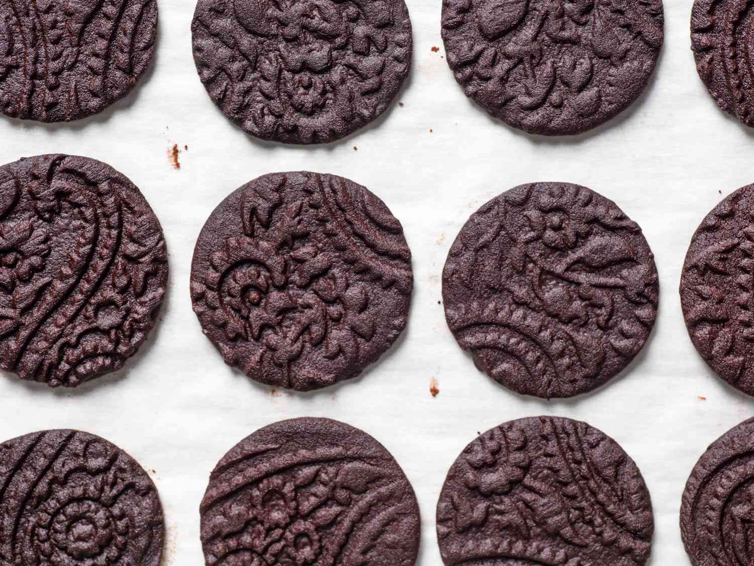 Baked homemade Oreo cookie on a baking sheet. 