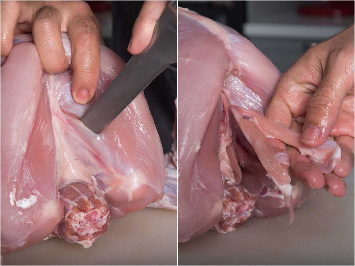 Photos showing how to remove the wishbone from an uncooked turkey breast