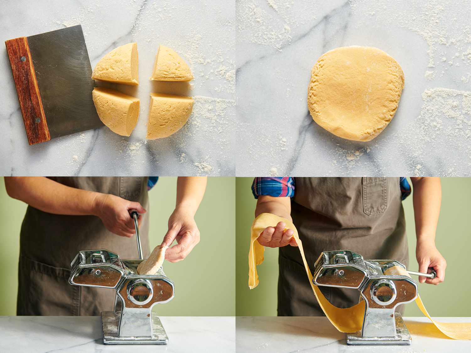 A four-image collage. The top left image shows the dough cut into four equal sized pieces. The top right image shows one piece of dough slightly flattened. The bottom left image is a horizontal shot of the dough being run through a pasta maker. The bottom right image is another horizontal shot showing the flattened sheet of pasta being supported by the person running the pasta machine.