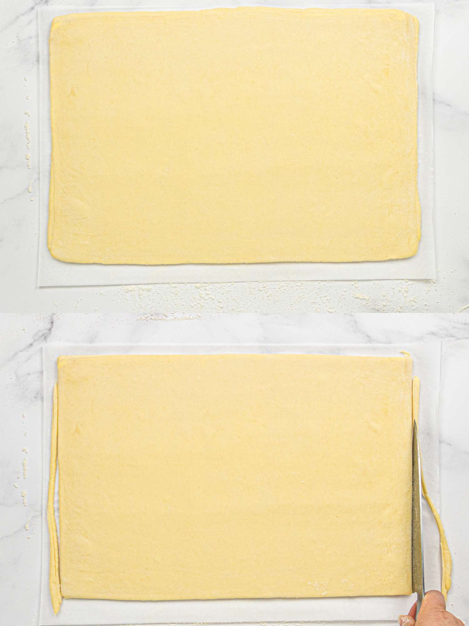Two panels showing the preparation of croissant dough with a rolling technique illustrated across the sequence