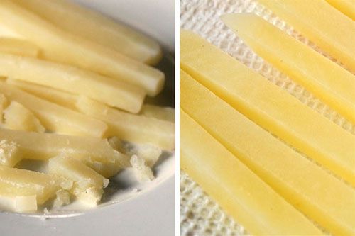 Collage showing the difference between parboiling french fries in water versus water and vinegar.