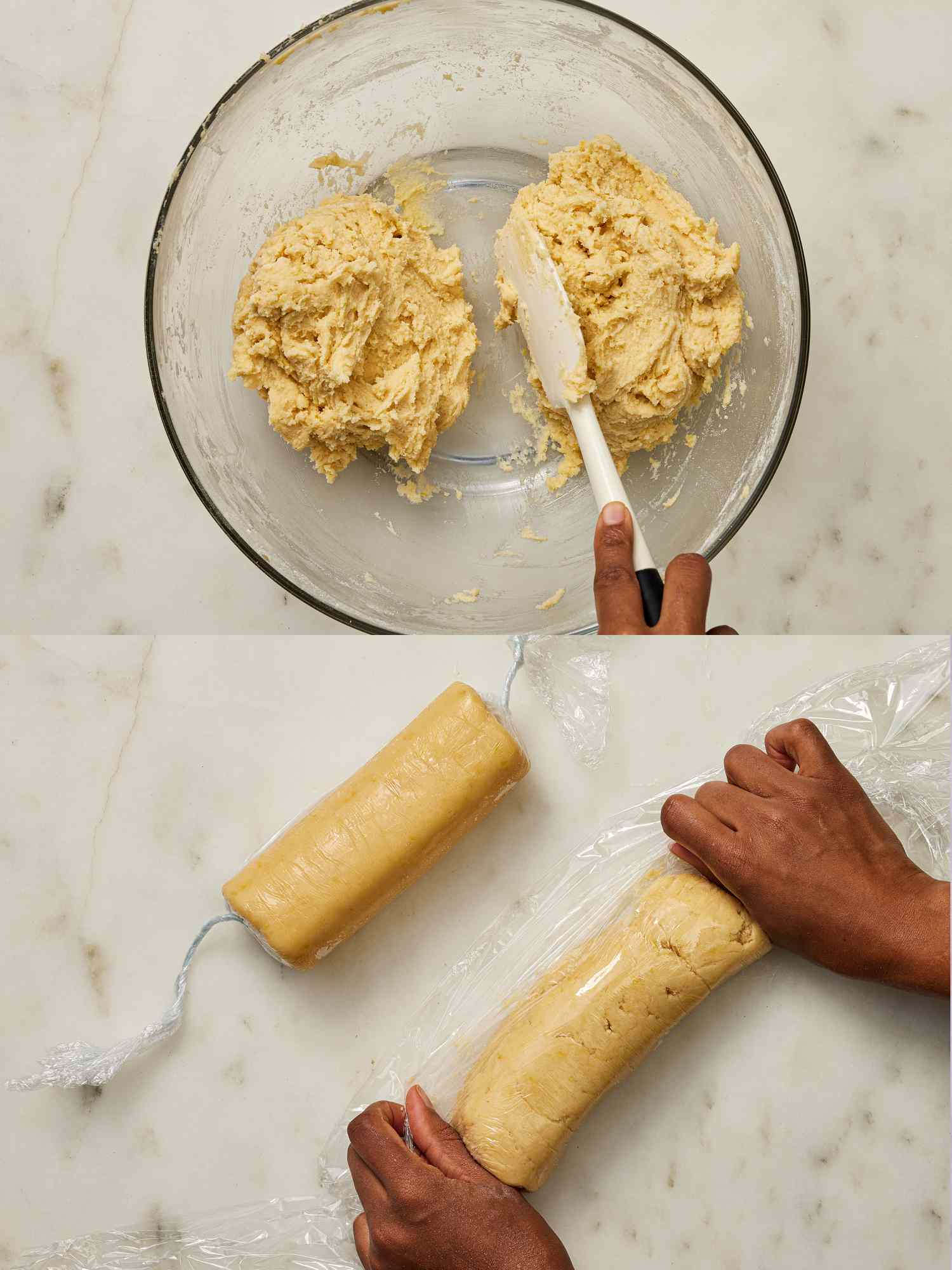 2 image collage. Top: Dough divided in half by spatula in glass bowl. Bottom: portions of dough rolled into logs and wrapped in plastic
