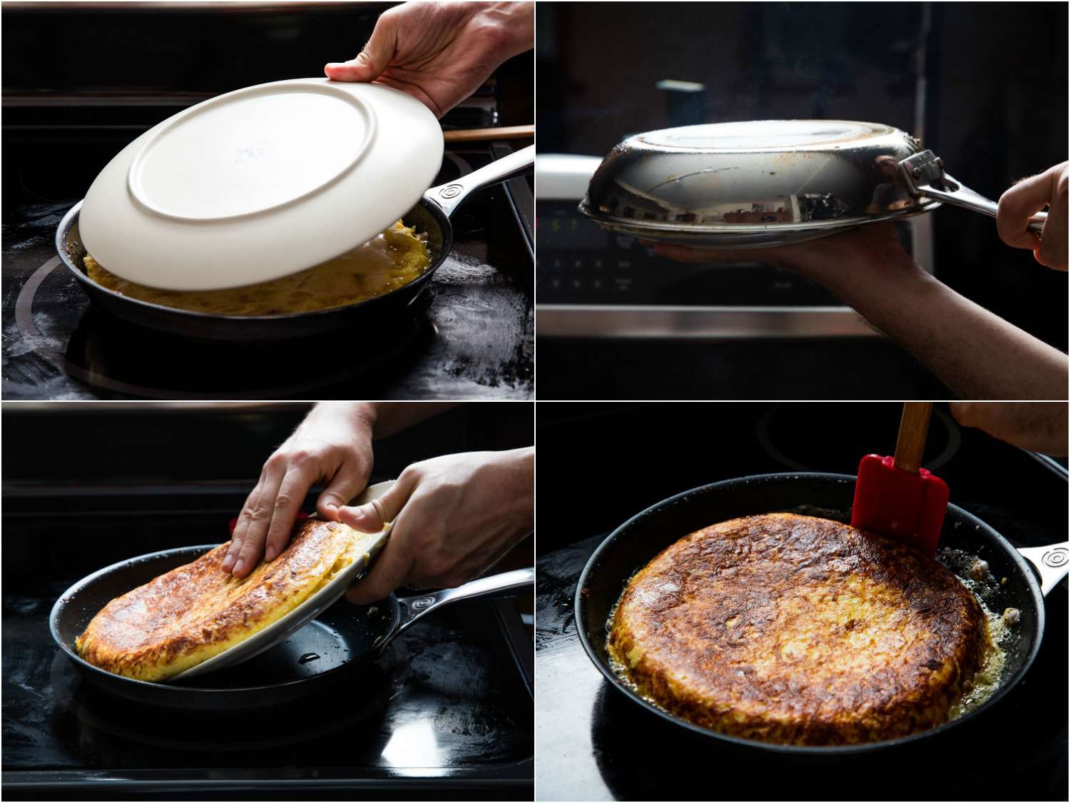 A collage of four images showing how to flip a tortilla española. Cover the tortilla with a plate, quickly flip the pan upside down so the tortilla is on the plate. Return the skillet to the heat and slide the tortilla in. Reshape the edges with a silicone spatula. 