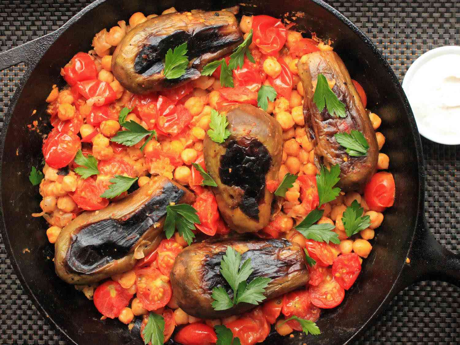 Stovetop Eggplant With Harissa, Chickpeas, and Cumin Yogurt 
