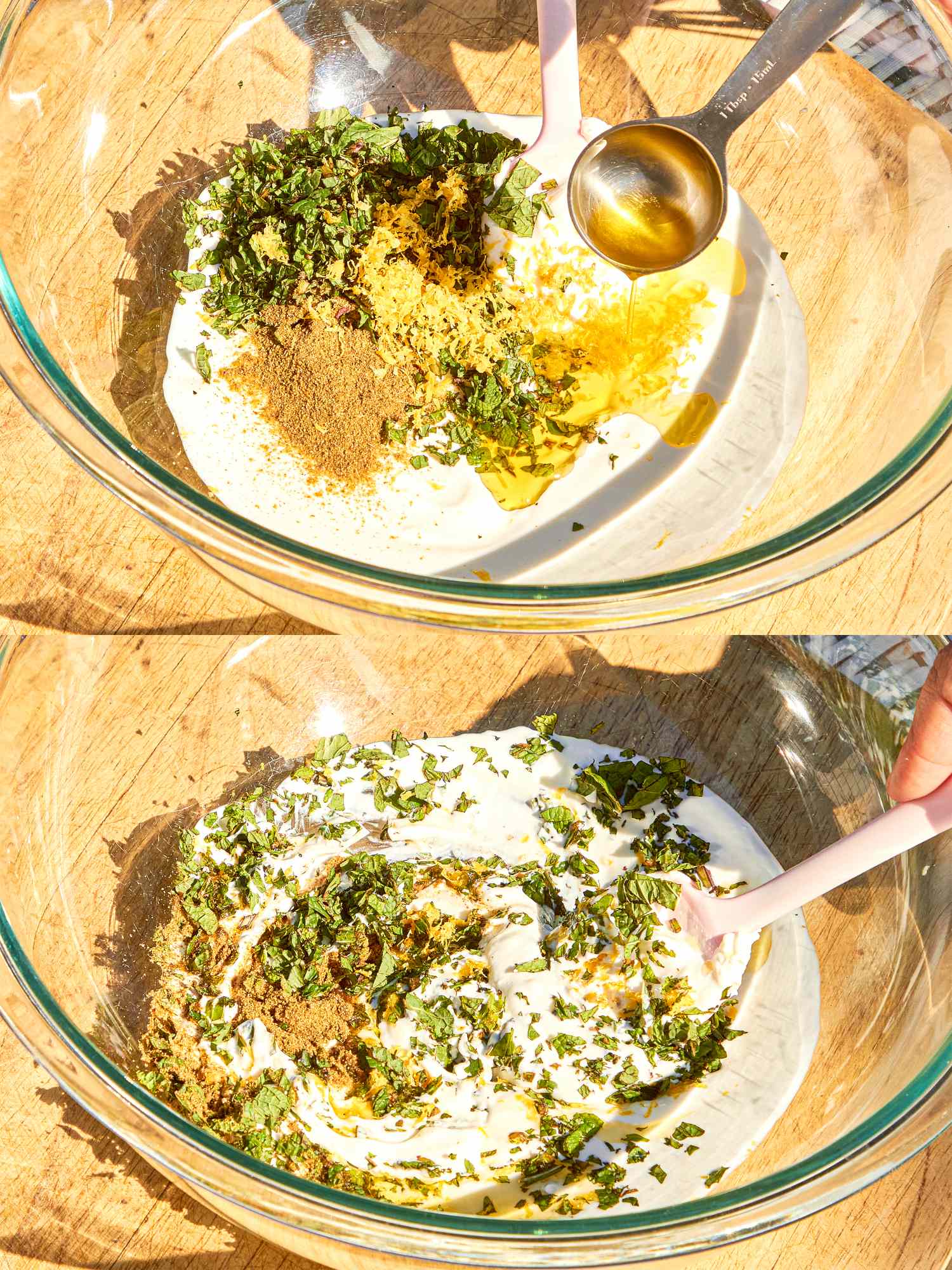Two images show yogurt being prepared with herbs spices and a liquid ingredient added in a bowl then mixed with a spoon