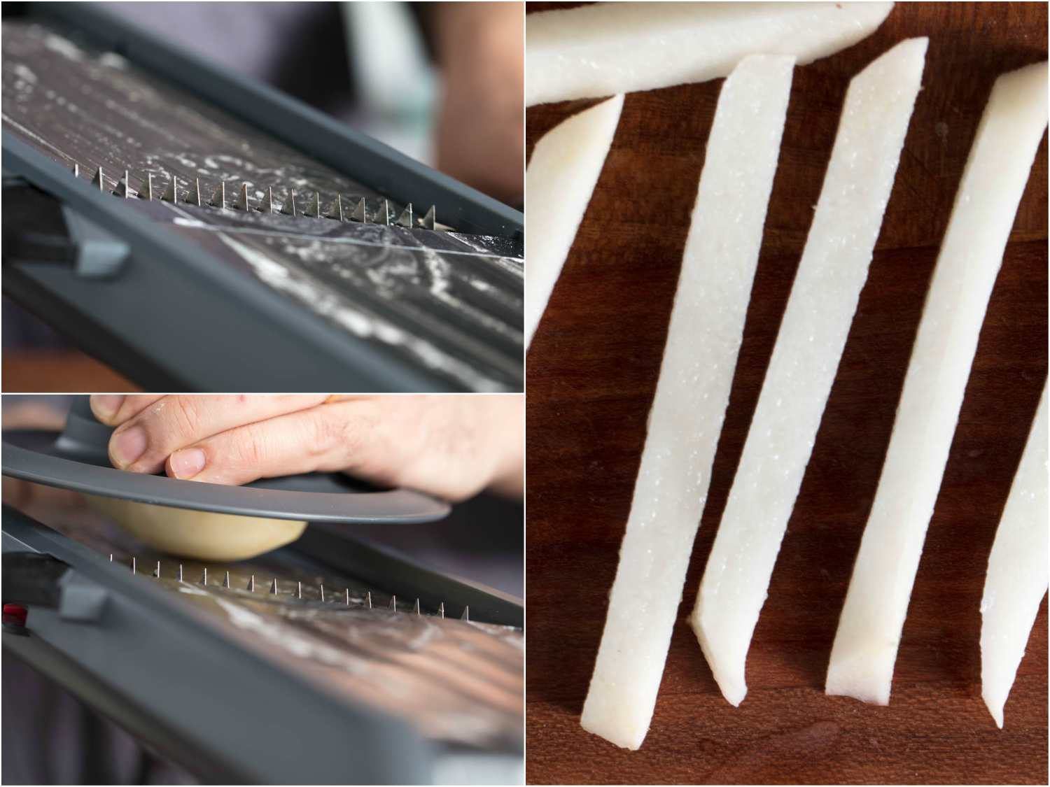 Process photos of cutting potato sticks for French fries using a fully equipped slicer: cutting even sticks on slicer using cross-cutting teeth, finished sticks.