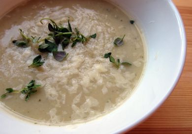 Closeup of thick celeriac soup.