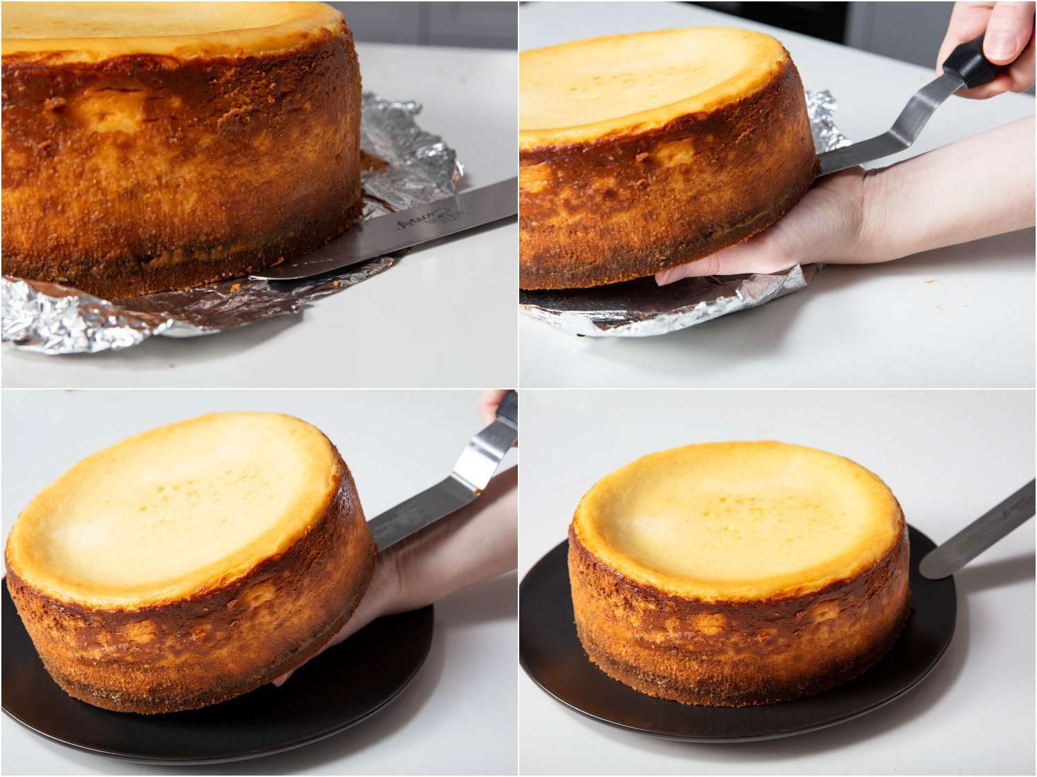 4-image collage of removing the baked cheesecake from the loose bottom of the pan and transferring to a serving plate.