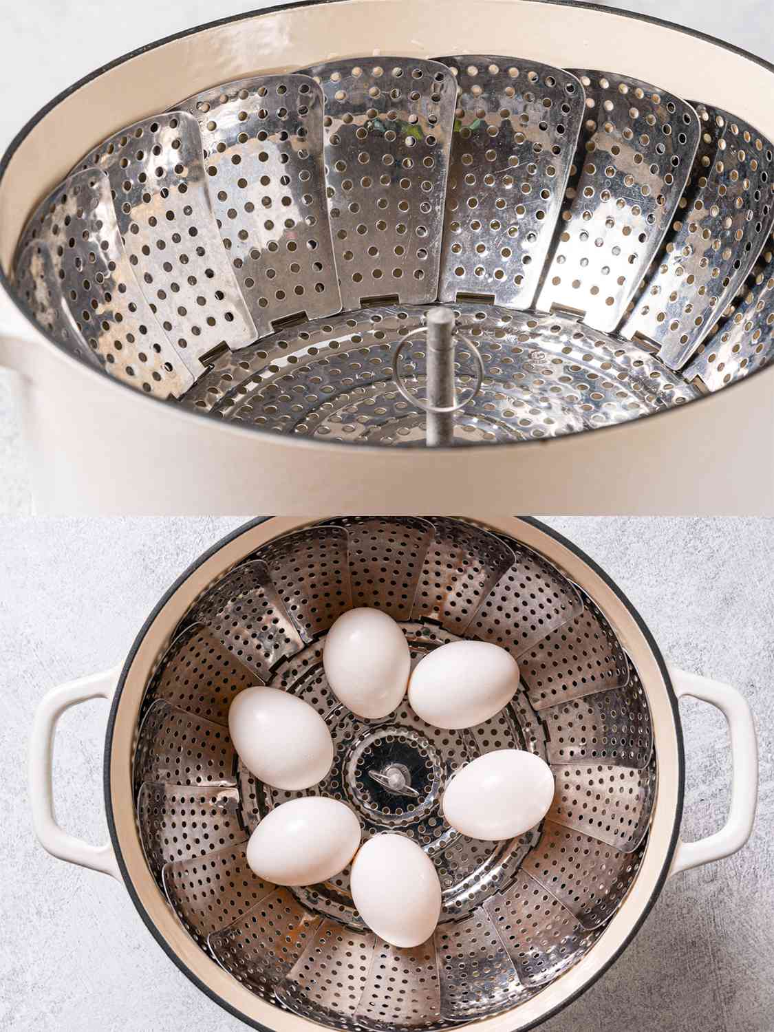 A two-image collage. The top image shows a metal steamed basket placed inside of a cream-colored dutch oven. The bottom image shows six eggs placed into the steamer basket.