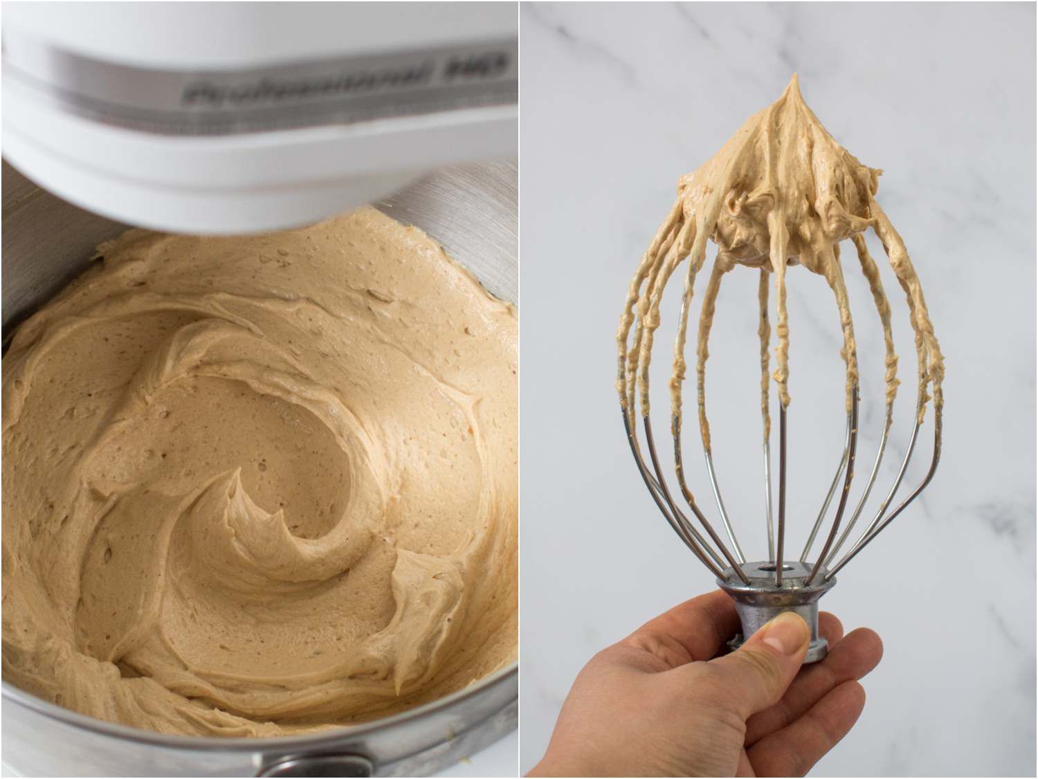 A two-image collage. The left image shows a fully whisked crème mousseline mixture in a stand mixer. The right shows a whisk attachment for a stand mixer covered in crème mousseline.