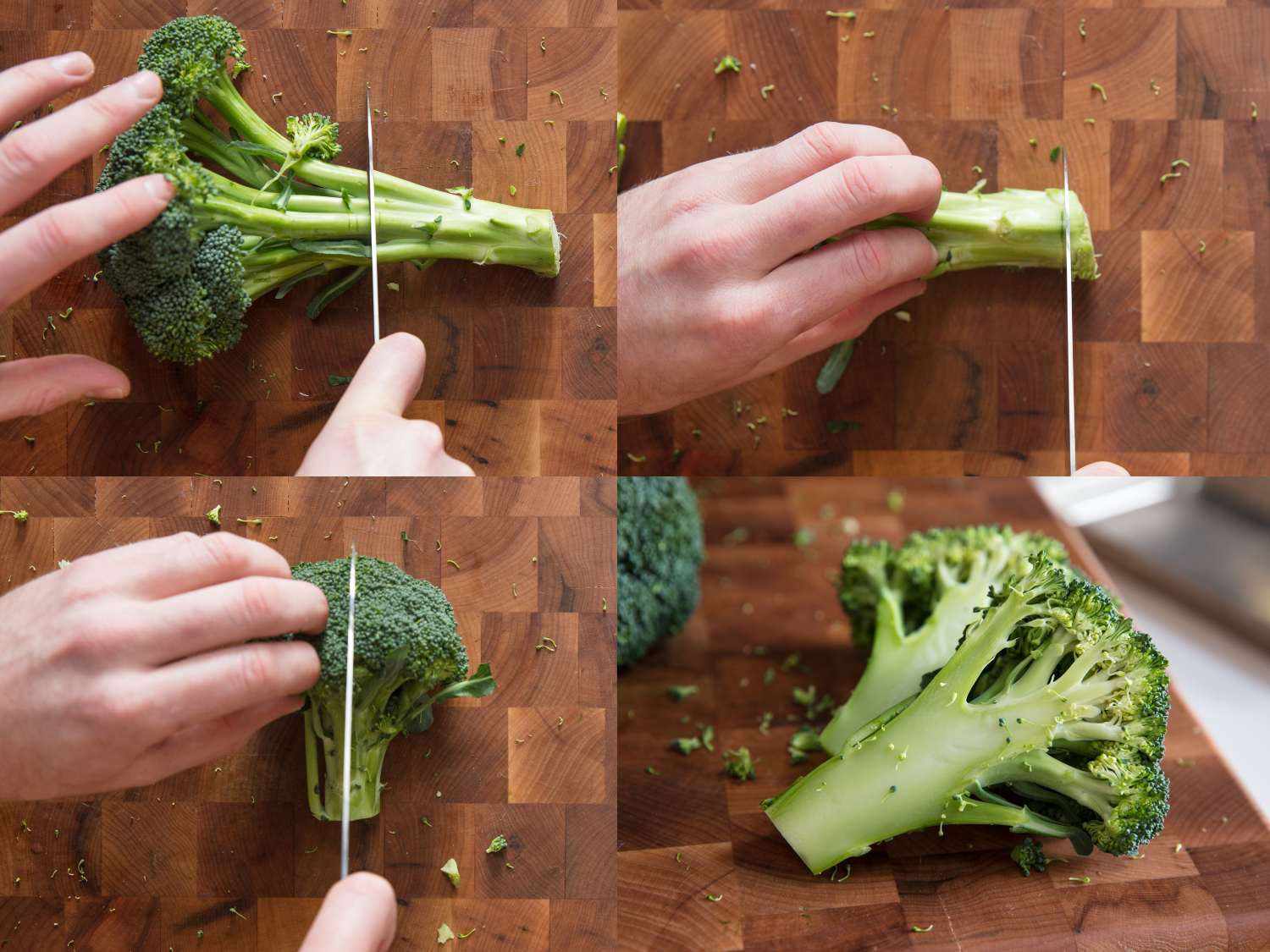 Process shots of cutting broccoli into steaks.