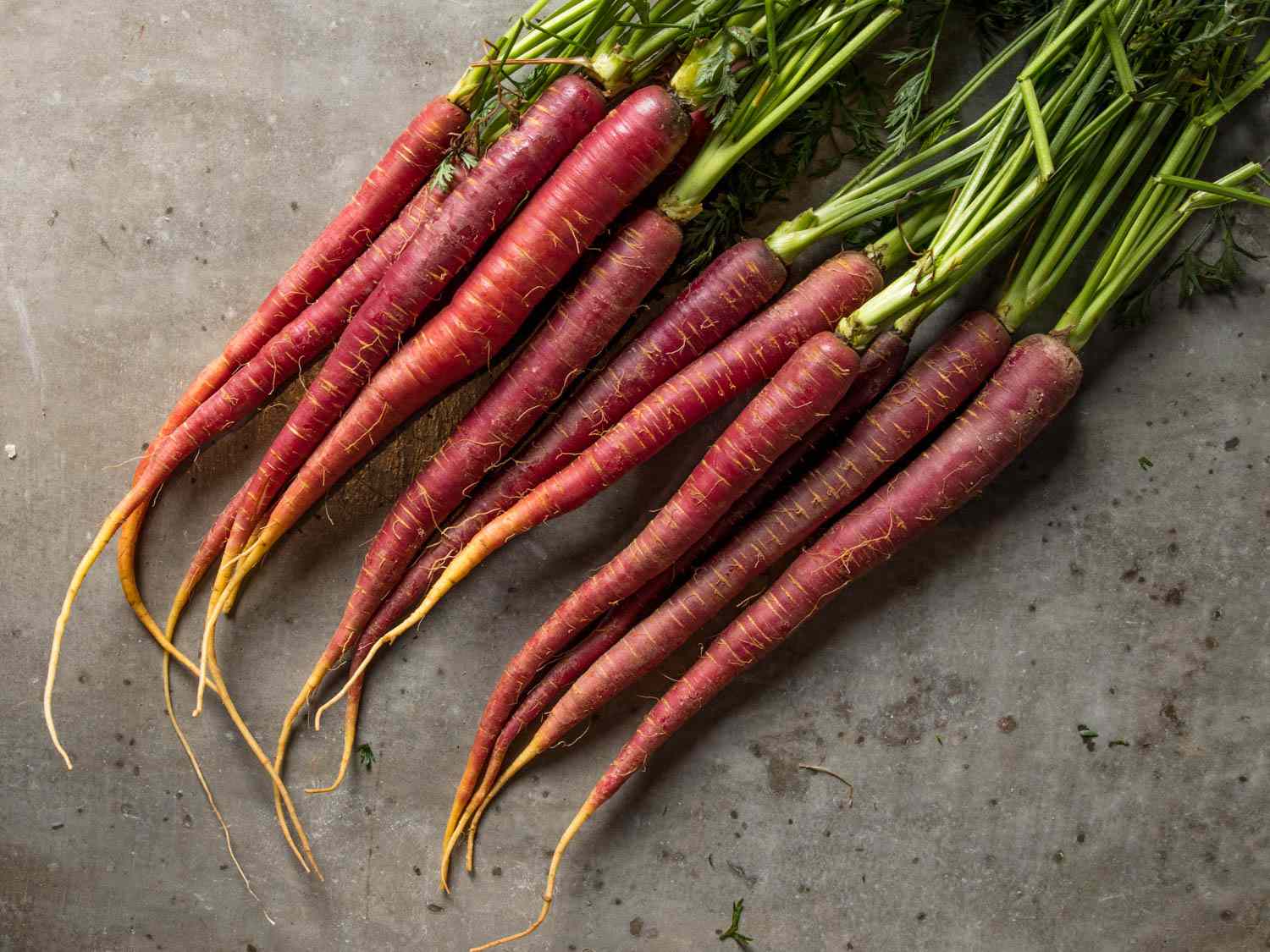 A bunch of red and purple carrots.