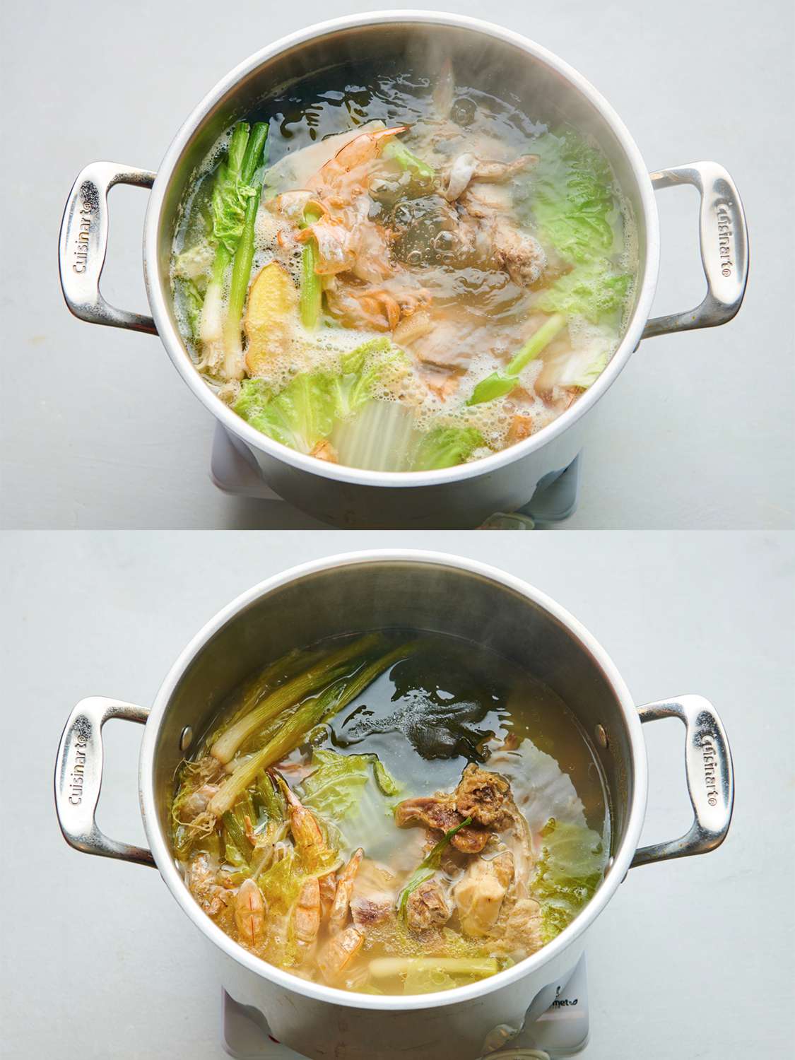A two-image collage. The top image shows water, kombu, dried shrimp, scallions, sliced ginger, and 4 cabbage leaves coming to a boil inside a stockpot. The bottom shot shows the ingredients after simmering for two hours, demonstrating that the broth has become a darker color and the amount of liquid has reduced.