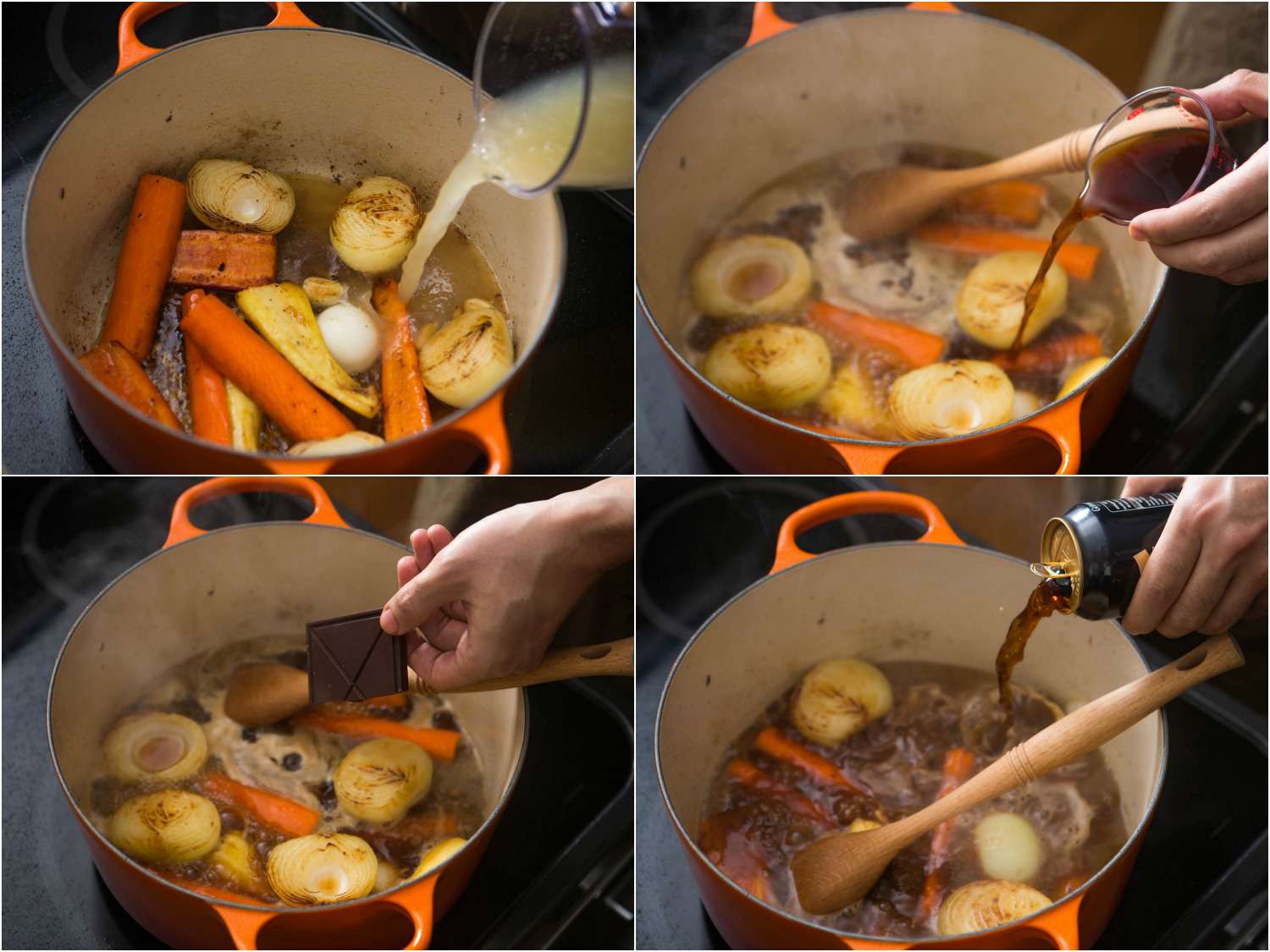Collage of adding chicken stock, coffee, chocolate, and Guinness to Dutch oven with browned vegetables