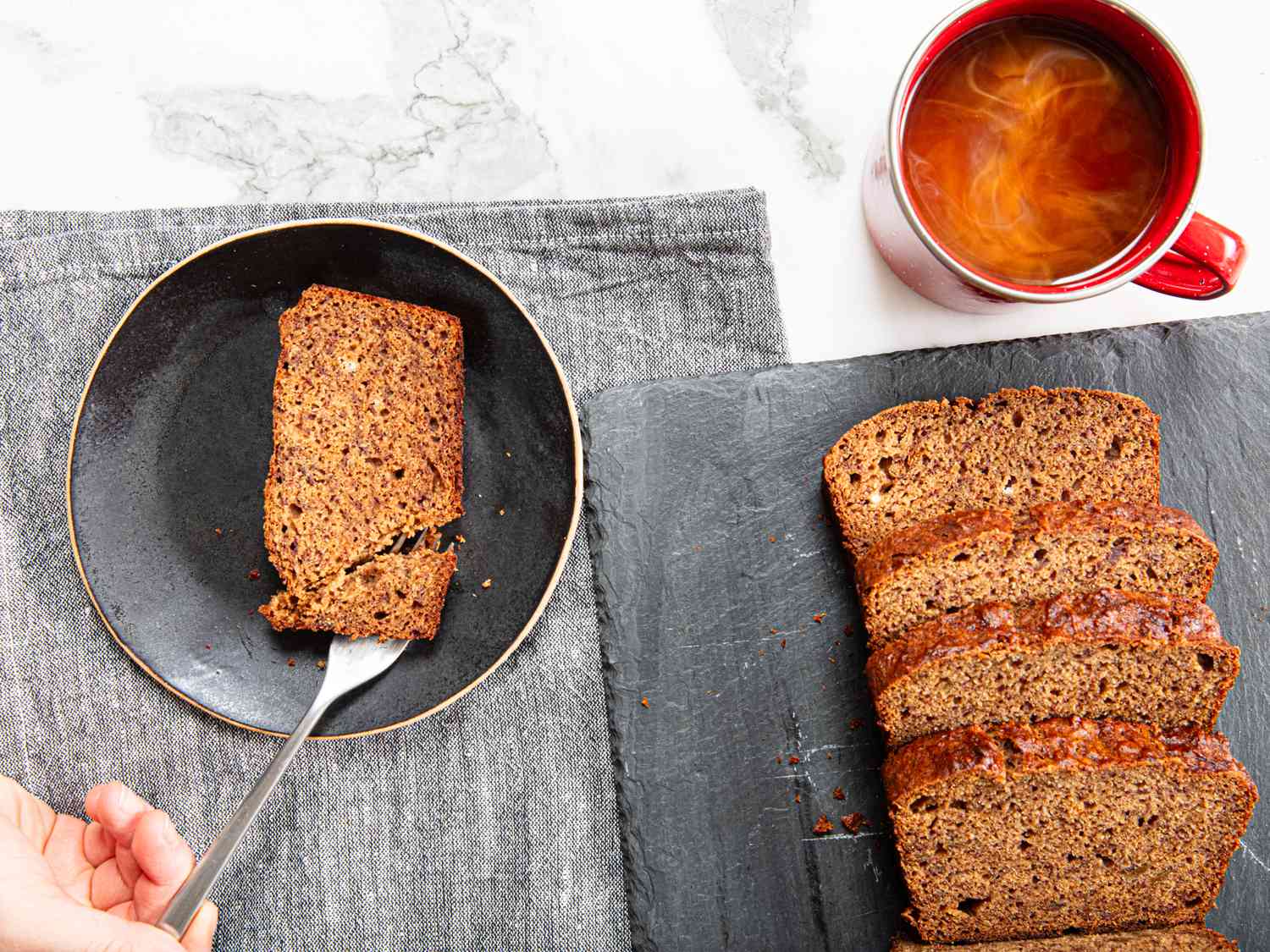 Overhead view of sliced banana bread