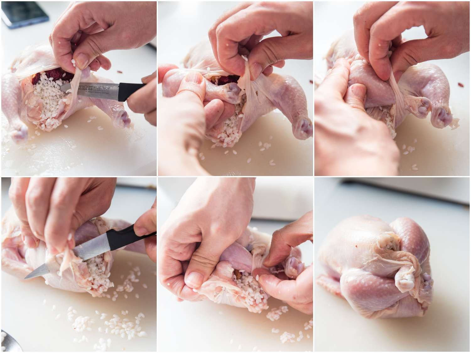Tucking the chicken legs into slits cut in the skin to truss without string for Korean samgyetang