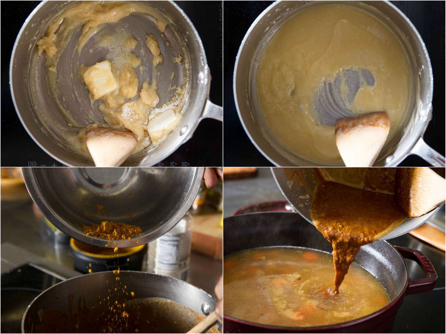 Photo collage showing making roux for Japanese curry rice, stirring in spices, and adding roux to curry.