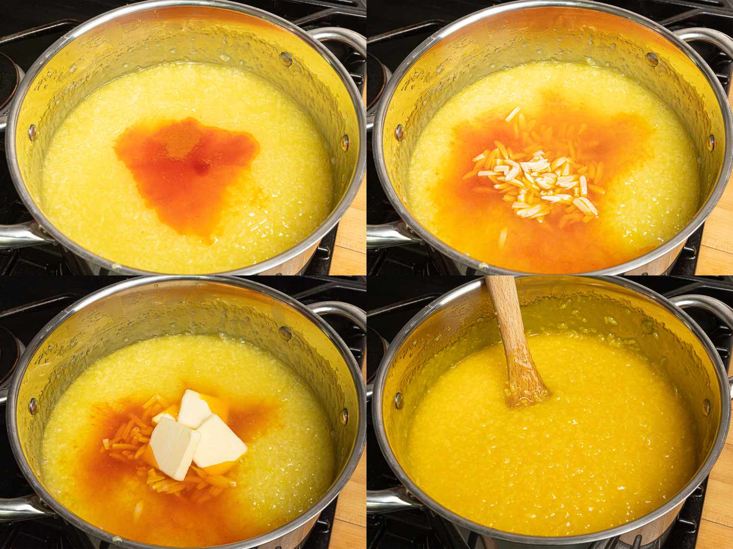 Four image collage of added saffron, almonds and butter to rice mixture in pot