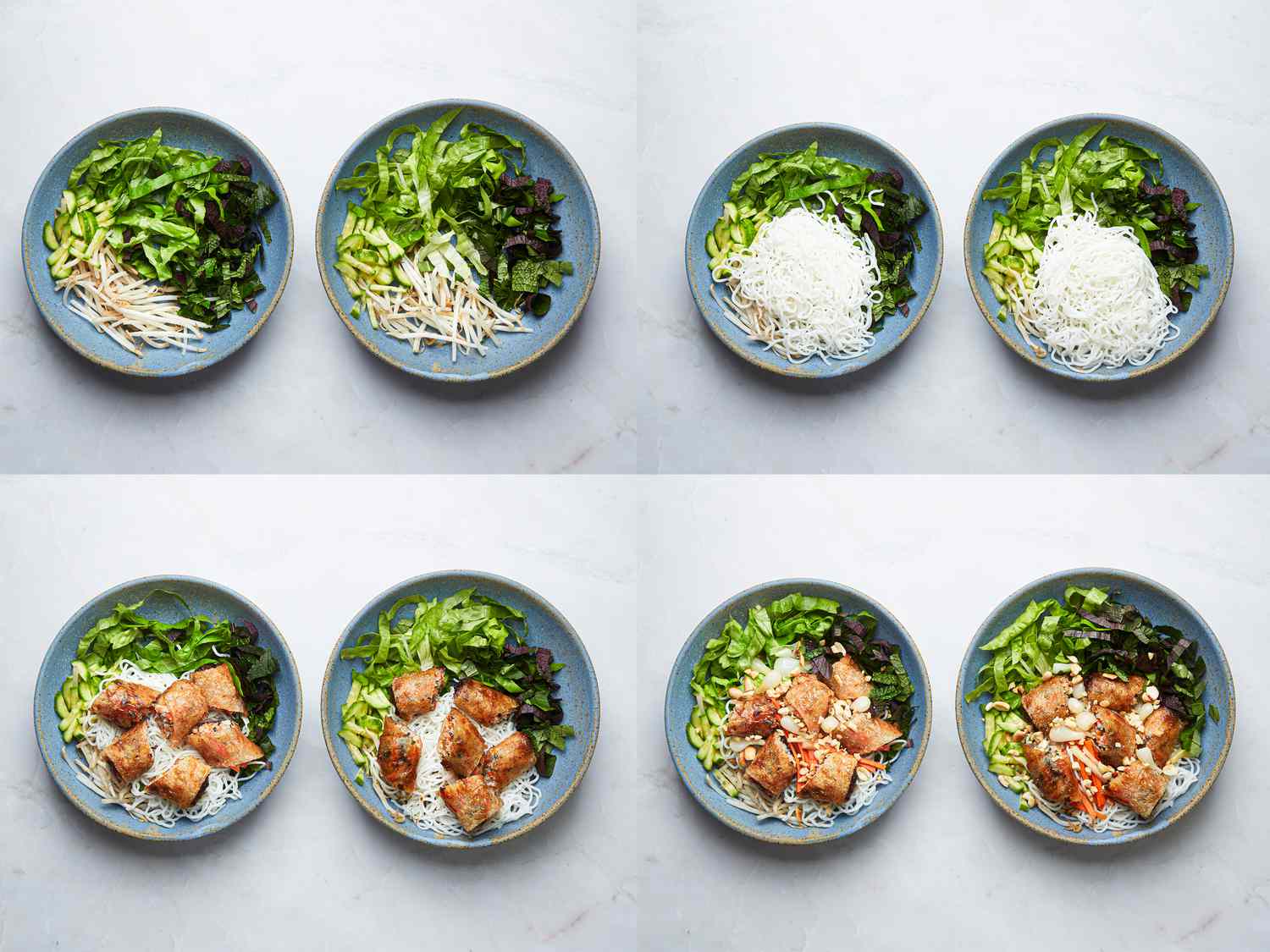 Four image collage of assembling Vermicellie Rice Bowls