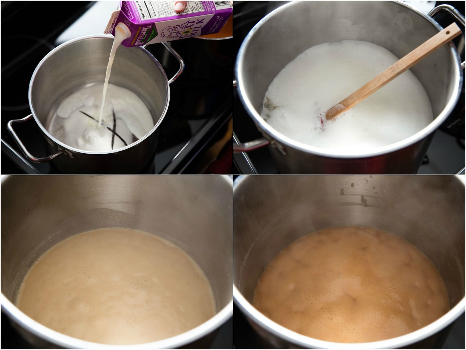 Collage of cooking cajeta: combining ingredients in a pot and reducing the mixture to a thick caramel. 