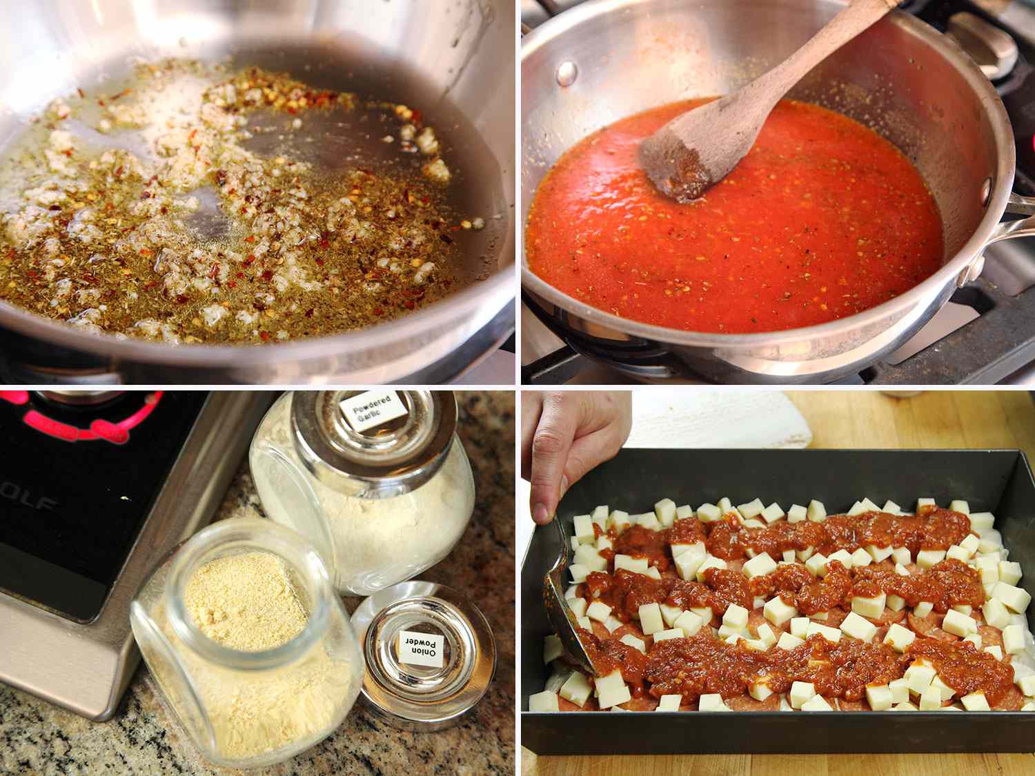 Collage of Detroit-style pizza sauce preparation: cooking garlic, adding tomatoes, adding onion powder, garlic powder, and crushed pepper, and finally spreading over the cheese on the pizza.