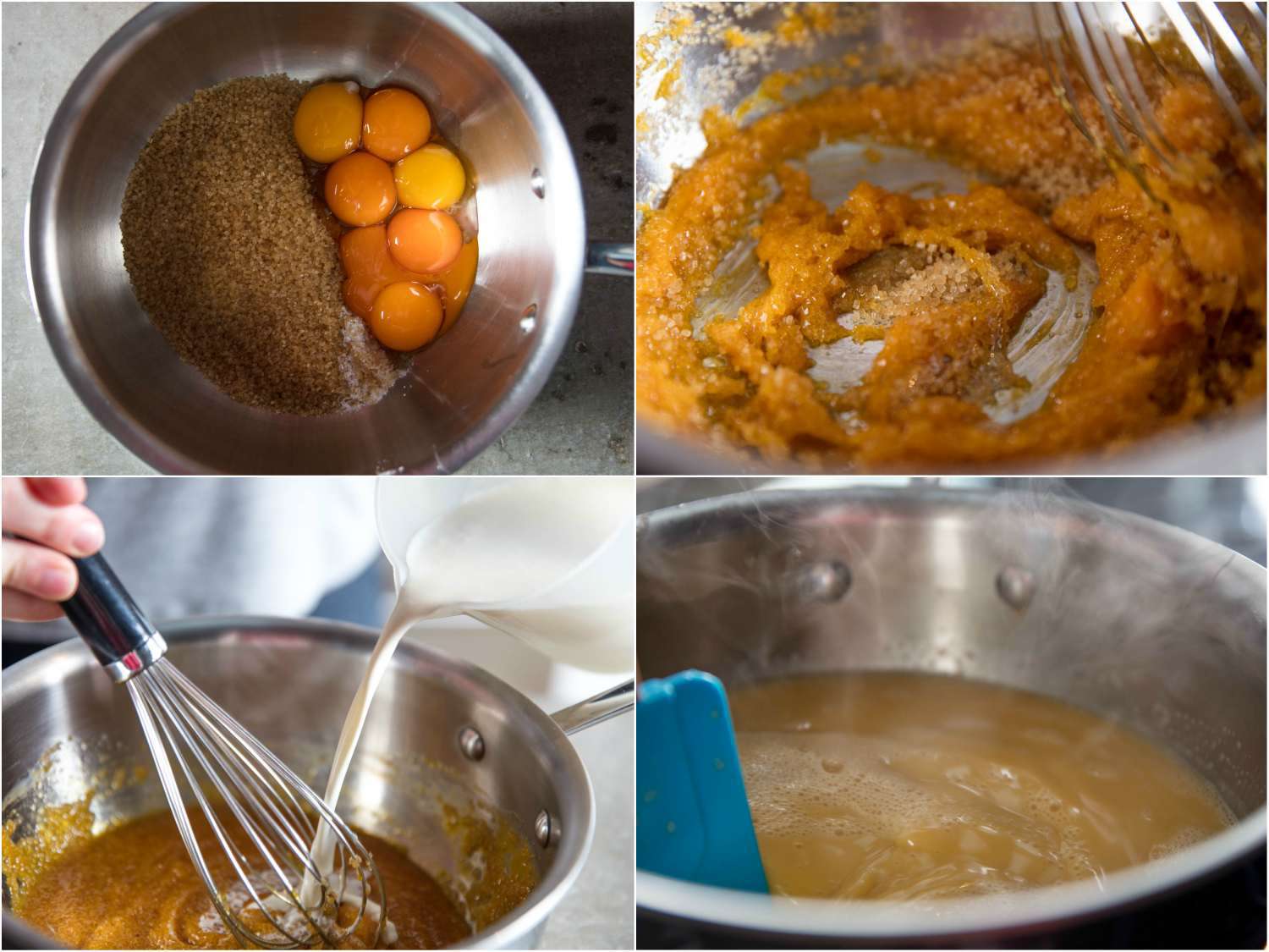 A four-image collage: stages of whisking together egg yolks and sugar, adding cream and milk, and cooking custard.
