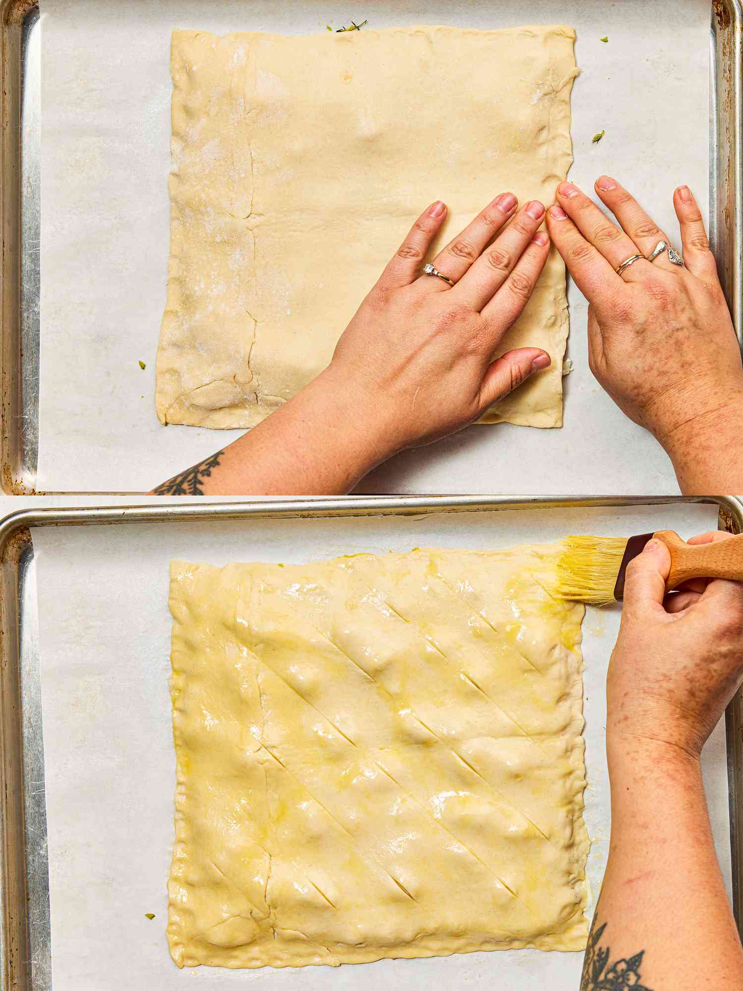 Two image collage of pressing down on puf pastry and washing with egg wash