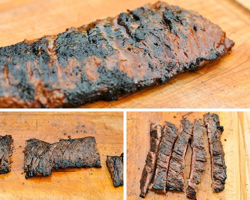 Collage of a grilled skirt steak being cut into slender pieces.