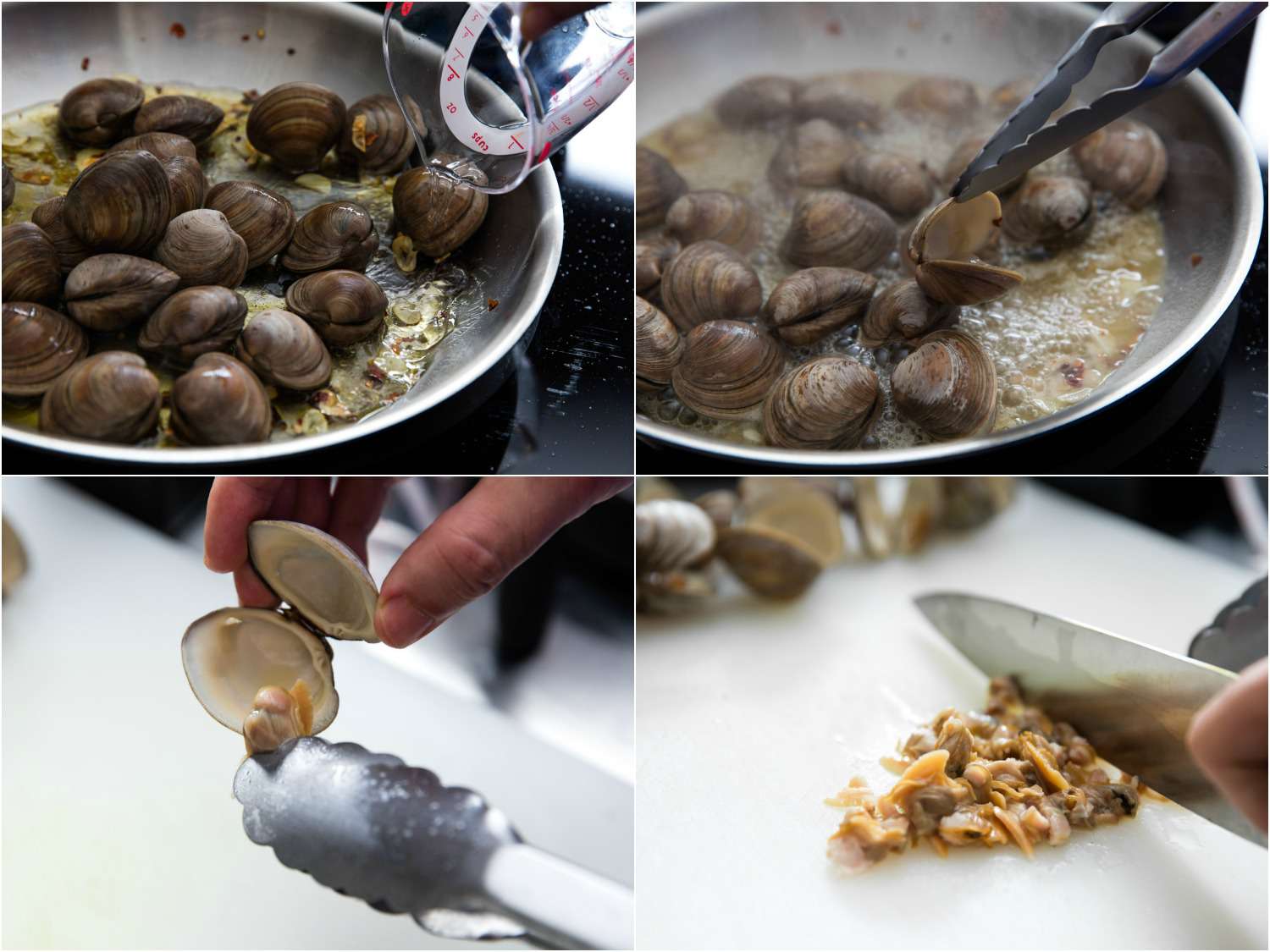 Collage of clam meat being picked from shells and chopped