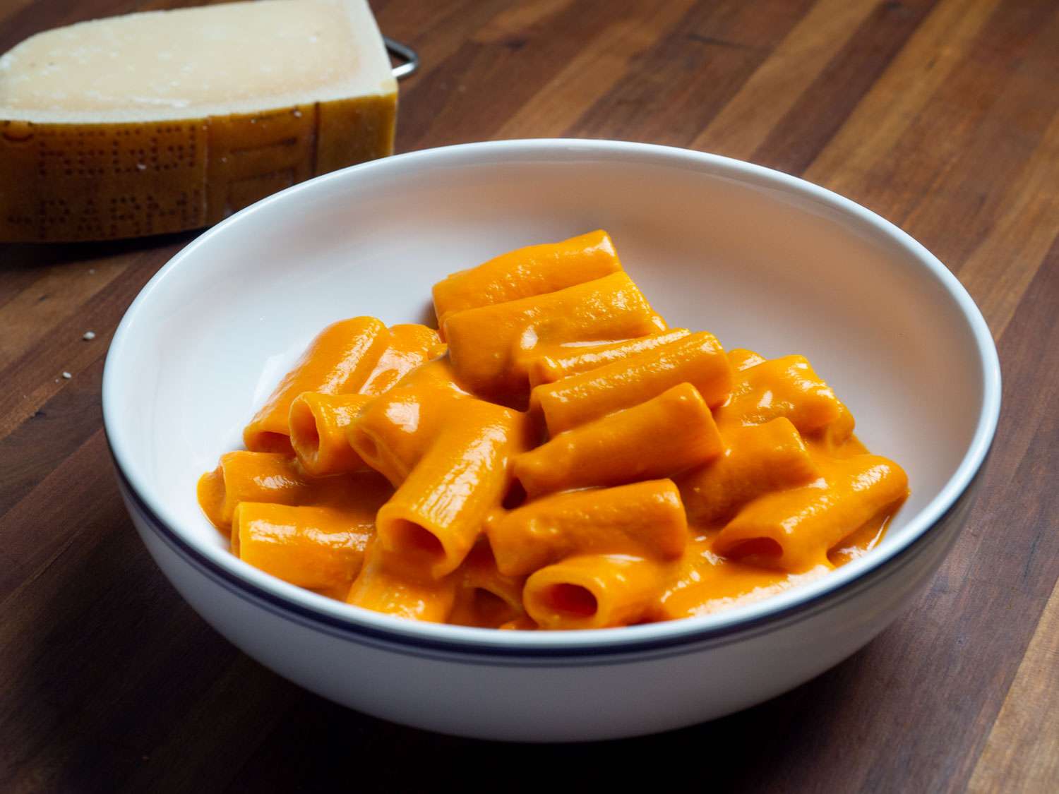 While penne is the most common, this bowl of vodka sauce features rigatoni. 