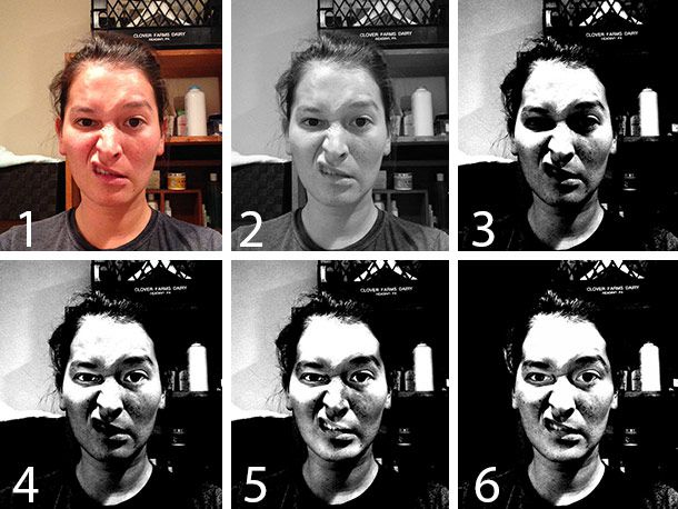Collage showing various stages of preparing a portrait photo to be transferred to a pumpkin: converting to grayscale, increasing contrast, dodging, removing light background