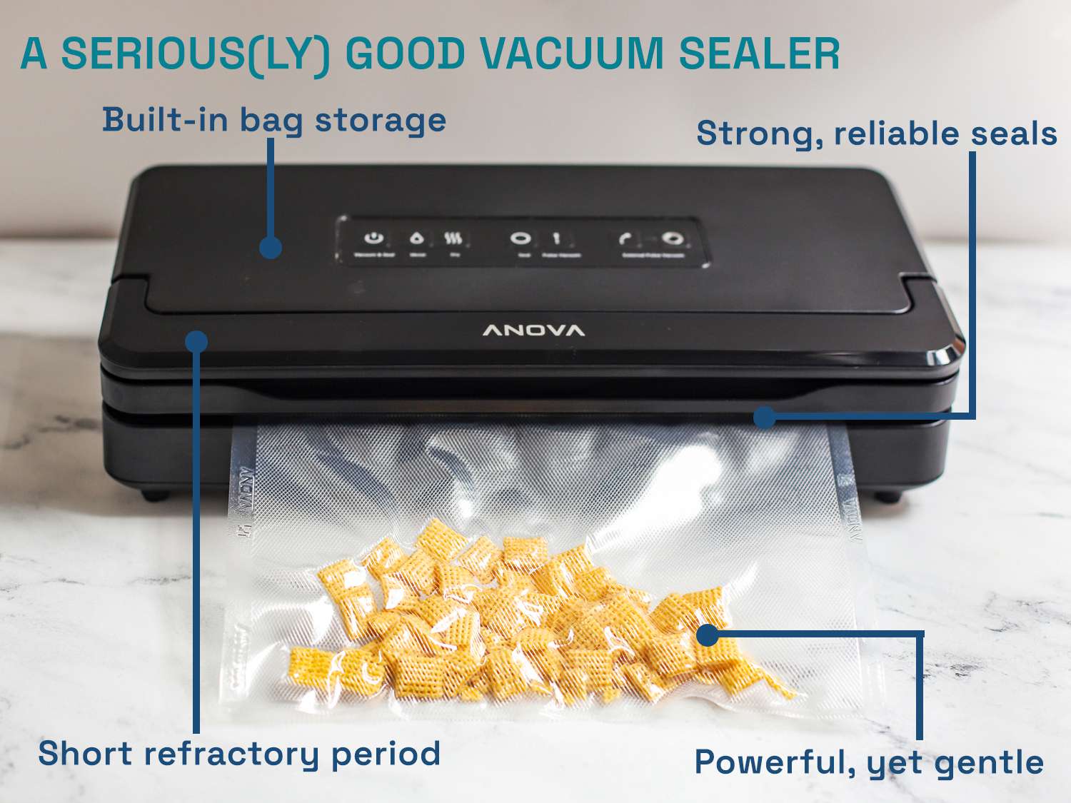 Anova Precision Vacuum Sealer Pro sealing a bag of Chex with features labeled: built-in bag storage, strong seals, short refractory period, powerful yet gentle