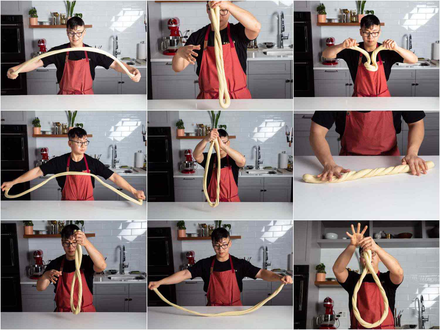 A 9-image collage of the process of hand-pulling Chinese lamian noodles: Stretch dough to arm’s-length, then bring ends together to twirl dough into an even, twisted log and repeat the process for about 10 minutes. 