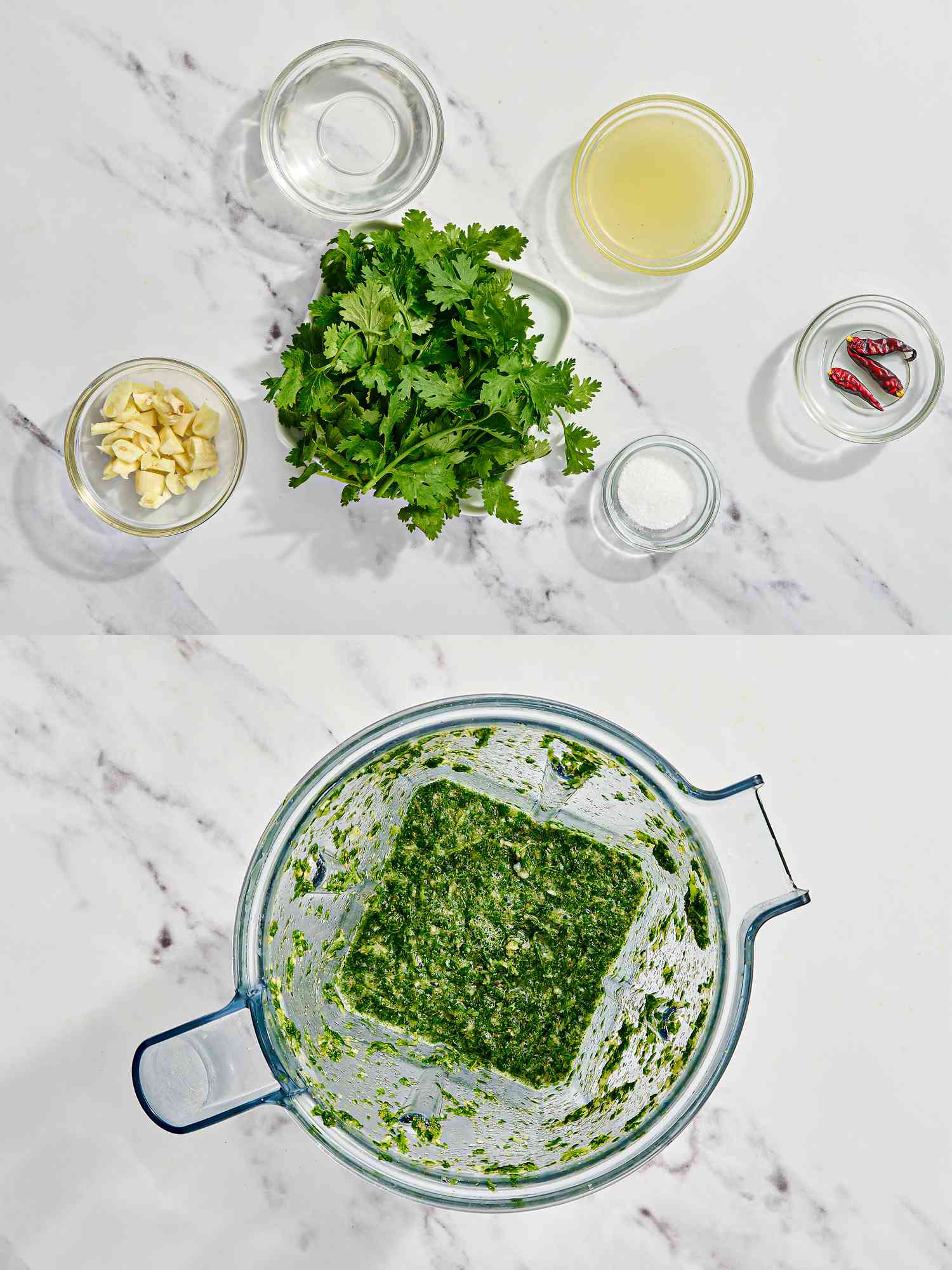 Two image collage of chutney ingredients before and after being blended