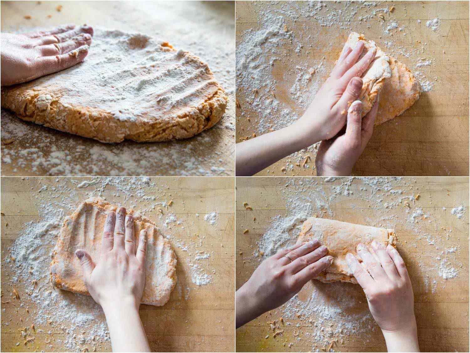 stages of patting and folding sweet potato biscuit dough