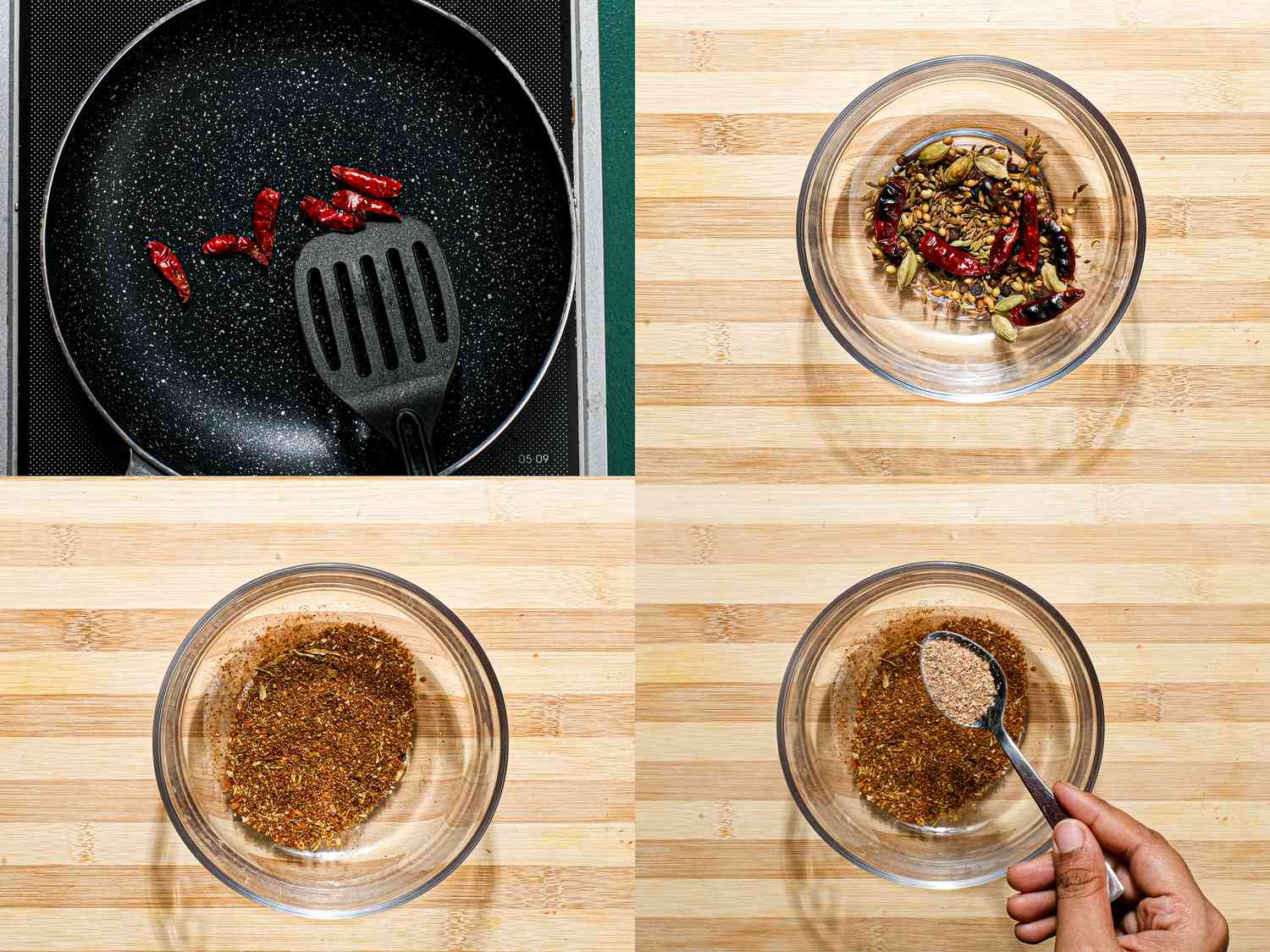 Four image collage of toasting spices